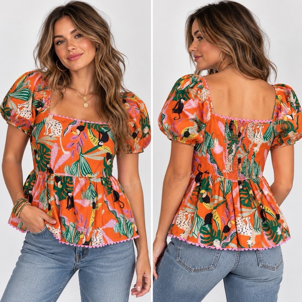 Ivy Jane Tropical Jungle Animal Print Puff Sleeve Peplum Blouse Boho